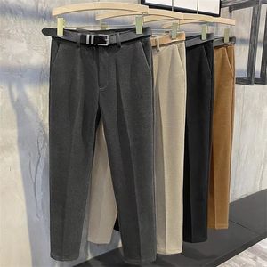 Men's Pants Winter men's thick wool fabric set pants casual straight skirt Korean fashion business men's clothing without belt 230410