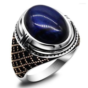 Cluster Rings 925 Sterling Silver Natural Blue Tiger Eye Men's Ring Turkish Punk Style Jewelry Set Couple Wedding Gift For Women