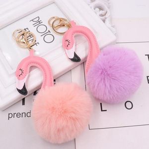 Keychains Fashion Cute Chaveiro Pompom Keychain Flamingo Key Chain Fluffy Fake Fur Ball Women Car Bag Pompon Ring Accessories