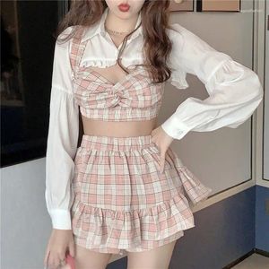 Sukienki robocze Koreańskie kawaii druk print biały różowa bluzka bluzka luźna kamizelsz zasilacza bodycon mini chic y2k 3 -częściowy zestaw kobiet