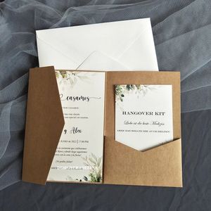 Greeting Cards 50X Craft Paper Wedding Invitations With Personalized Printing RSVP And Insert Envelope Trifold Pocket For Marriage Party 231110