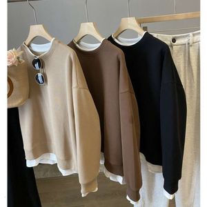 23 Autumn New Casual Versatile Fake Two Piece Cotton Blend Round Neck Solid Long Sleeve Sweater Top For Women