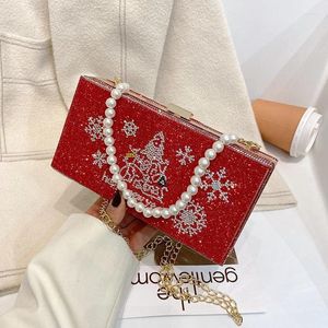 Christmas Party Clutch Bag Red Luxury Design Diamond Pearl Purse For Women Chain Shoulder Small Handbags