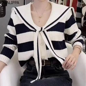 Women's Knits Onalippa Sailor Collar Contrast Striped Knitted Cardigan All Match Single Breasted Cardigans Korean Lace Up Cropped Sweater