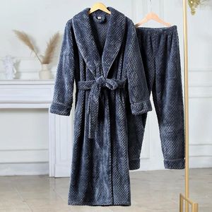 Women's Sleepwear Winter Bathrobe Set With Pant Long Lseeve Thick Warm Ladies Dressing Gown Flannel Solid Turn Down Collar Homewear