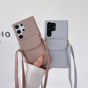 Crossbody Lychee Grain Folio Vogue Phone Case для iPhone 14 13 12 11 Pro Max Samsung Galaxy S23 Ultra A54 5G Регулируемая карта для корма с твердым кожаным кожаным оболочкой кожа