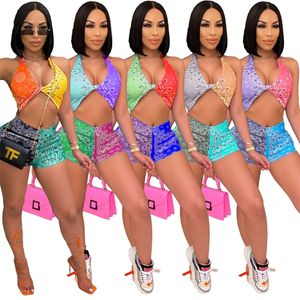 Summer Women Bikini 2 Piece Set Swimwear Bathing Suit Sexig baddräkt Beachwear Outfits Sexig tryck V-Neck Bra Shorts Swim KLW0778