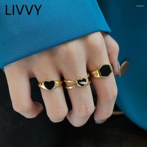 Cluster Rings Livvy Simple Fashion Korean Vintage Black Heart Glaze Silver Color for Women Par Punk Party Jewelry Gift
