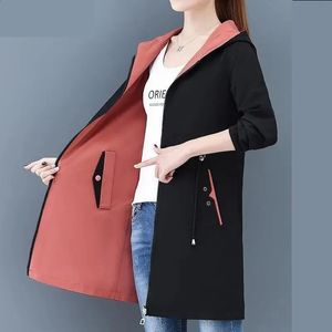 Giubbotti da donna 2023 Autunno Frangivento Giacca femminile da donna Cappotti con cappuccio Casual Basic Due lati Indossare Trench medio lungo Capispalla 3XL 231109