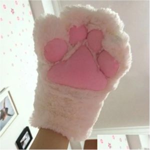 Five Fingers Gloves Five Fingers Gloves 1Pair Lovely Plush Cat Paw Claw Winter Warm Fingerless Women Girls Fluffy Bear Half Finger Mit Dh1Ka