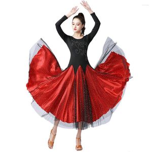 Abbigliamento da palco Abito da ballo moderno Abiti da pratica per sala da ballo di tango Abito con gonna glitterata a maniche lunghe Elegante e carino da donna