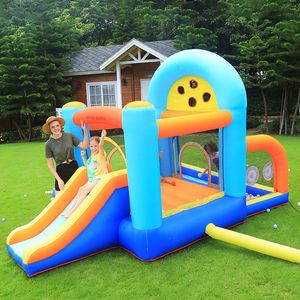 Pista de obstáculos Bounce House Inflável Bouncer Slide Combo com obstáculos de arremesso Estrutura cinco em um Diversão múltipla para crianças Oudoor Play Quintal Pequenos presentes