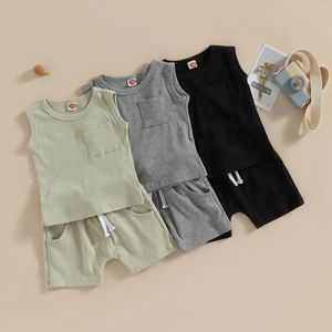 衣類セットPudcoco Infant Bay Boy Boy Summer Outfits Solid Color Seveless Tank Tops with Brester Pocket and Stretch Casty Shortsセット0-3T