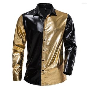 Herren Freizeithemden Metallic Hemd Herren Langarm Button Down Beschichtet Disco Mann 70er Nachtclub Weihnachtsfeier Kostüm Schwarz Gold