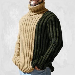 Herrtröjor 2023 Autumn and Winter European American Style sömmar Kontrast Färg Turtleneck Stickad Pullover Tröja Men trend