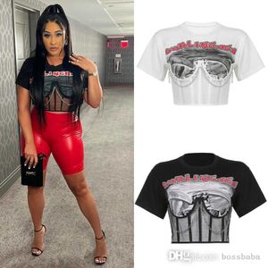 2023 Summer Women Crop Top New Fashion Oregelbundet Mesh Splice Letter Print Kort kedja T-shirt