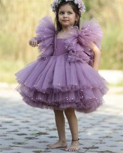 Flickklänningar Baby Flower Princess Puffy Tulle Layed Birthday Party Dress for Wedding With Pearls Ball Gown Christmas Wear