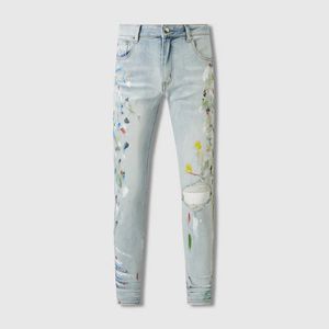 Jeans American style high street light blue paint distressed hole patches internet celebrity