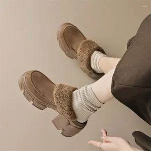 Terlik Kış İnek Süet Kadın Ayakkabı Yün Katırlar Platform Yuvarlak Ayak Toe Yüksek Topuklu Tıknaz Topuk Kapak