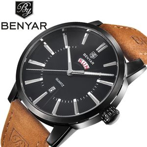 Relógios de pulso Benyar 5101 Men Sport Watches Men's Quartz Clock Man Exército Couro militar Blue Wrist Data Relogio Masculino in Gift Box Box