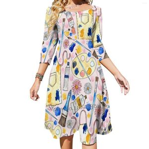 Sıradan Elbiseler Yaratıcı Köşe Tatlı Zarif Elbise Kadın Koreli Kawaii Kare Yaka ve Sanat Yaratıcılık Ressam Suluboya