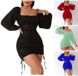 Casual Dresses 2023 Fashion Square Neck Lantern Sleeve Black Green Red Blue Drawstring Sequin Bodycon Dress Mini