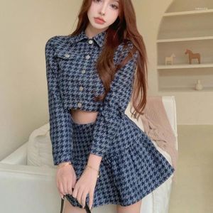 Work Dresses Autumn Houndstooth Vintage Two Piece Set Crop Top Short Jacket Coat Skirt Skirts Sets Fashion 2 Suits Women's Cloth