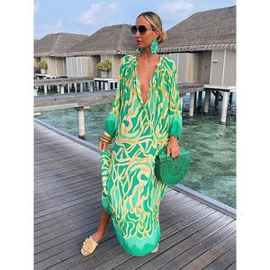 Casual Dresses Womens Sexy Deep Vneck Maxi Bohemian Lantern Sleeves Tryckt Long Vintage Holiday Loose Beach Cover Robe 230410