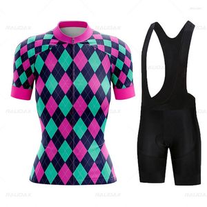 Racing Sets Women Cycling Jersey Bike Mountain Road MTB Top Female Bicycle Shirt Short Sleeve Riding Clothing Summer Blouse Argyle Diamond