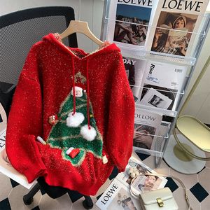 Classic Christmas and New Year bright silk red hooded sweater women's new fall/winter knit coat