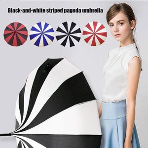 Umbrellas 16k Black and White Retro Pagoda Umbrella Classical Striped Parasol Umbrella Sun Rain UV Large Umbrella with Hook Handle 231109