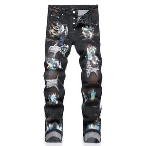 Mens Ripped Jeans Spring Autumn Black Paint Painted Denim Pants Slim Fit Stretch Male Distressed Destroyed Trousers