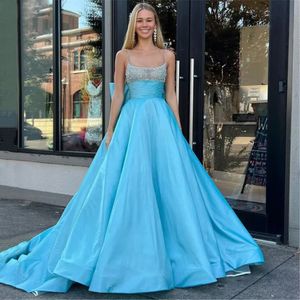 Blue pärlstav a-line satin prom klänningar spaghetti rem bågbindning party klänning veck midje soptåg vestidos de soiree 326 326