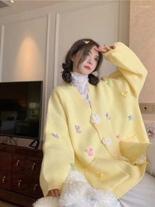 Women's Knits Korobov Bow 3D Flower Knitted Cardigan Womens Clothing Autumn Loose Lazy Sweater V-neck Candy Color South Korean Vintage Top