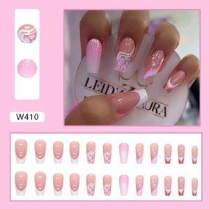 False Nails 24pcs Detachable French Full Cover Press On Long Sweet Pink Wavy Fake Ballerina