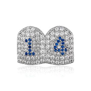 18K White Gold Plated Full Bling CZ Number 14 Grillz Dental Grills Braces Vampire Teeth Hip Hop Personality Women Men Jewelry