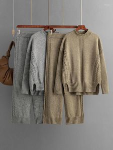 Kadınlar İki Parçalı Pantolon Kış Sıcak Örgü Setleri Kadın Kıyafetleri Ofis Bayanlar Zarif Katı Yan Bölünmüş Külot Örgü Sweater Seti