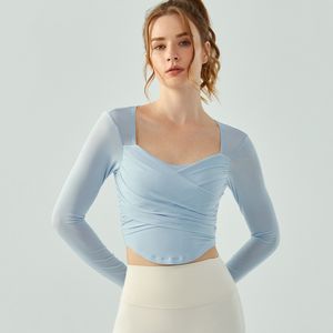 ロゴフィットネスを備えたLuluwomen wear長袖の女性の高弾性ショートトップススリムダンスウェアTシャツ