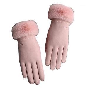 Five Fingers Gloves Five Fingers Gloves Women Winter Cold Weather Fl Finger Thick Warm Plush Lined Sweet Heart Embroidery Driving Touc Dhdfp