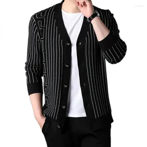 Suéter Masculino Moda Casual Design Cardigan Listra Vertical Engrossado Manga Comprida Botão Suéter de Controle de Acesso