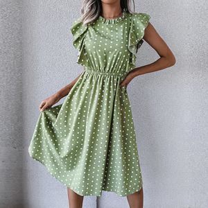 Casual Dresses Retro butterfly sleeve pleated heart-shaped dot printed dress for women's medium length chiffon spring/summer dress 230410