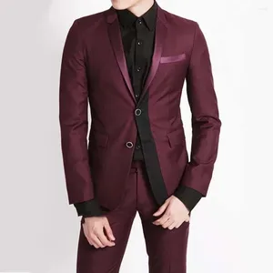 Men's Suits Men Suit Slim Fit Burgundy Black Splicing Notch Lapel Blazer Trousers Single Breasted Wedding Dinner Party Wear 2Pc Jacket Pant