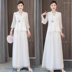 Kvinnors tvåbitar byxor White Hanfu Set Woman Tang Suit Chinese Style Spring and Summer Fashion Elegant broderad toppknapp Zen