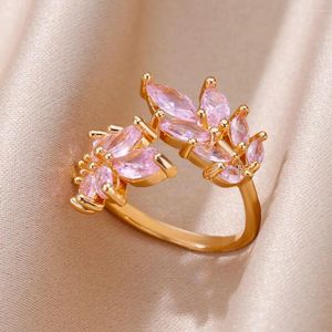 Cluster Rings Pink Color Zircon Tree Leaf For Women Luxury Shiny Stainless Steel Ring Elegant Romantic Couple Wedding Band Jewelry