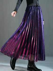 Gonne Summer Discolor Shine Gradient Pleated Gonna lunga garza metallizzata Aline Elegante sfumatura viola verde Maxi Gonne lunghe in rete 230410