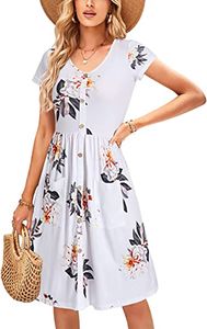 Fashion New Dresses Women's V Neck Print Flower Button Down Skater Dress with Pockets