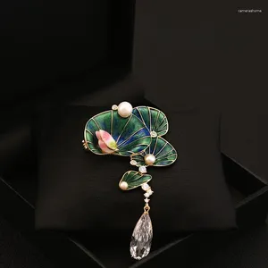 Brooches Chinese Style Brooch Fashion Lotus Leaf Flower Pearl Corsage Luxury Sweater Cheongsam Neckline Pin Fixed Accessories Jewelry