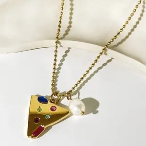 Anhänger Halsketten Minar Strukturierte Mehrfarbige CZ Zirkon Süßwasser Perle Dreieck Für Frauen 18 Karat Vergoldet Edelstahl Halsband