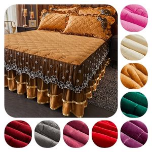 Bed Skirt Golden velvet luxury bedspread lace embroidered large pleated edge wrapped with thick plush quilted beautiful lace bedspread 230410