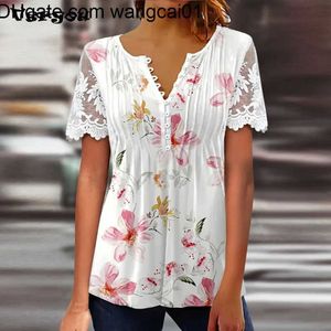 Men's T-Shirts 2023 New Fashion Women T-Shirt V Neck Sexy Short Seve Lace Patchwork Flower Print T Shirt Women Summer Loose Tee Tops 410&3